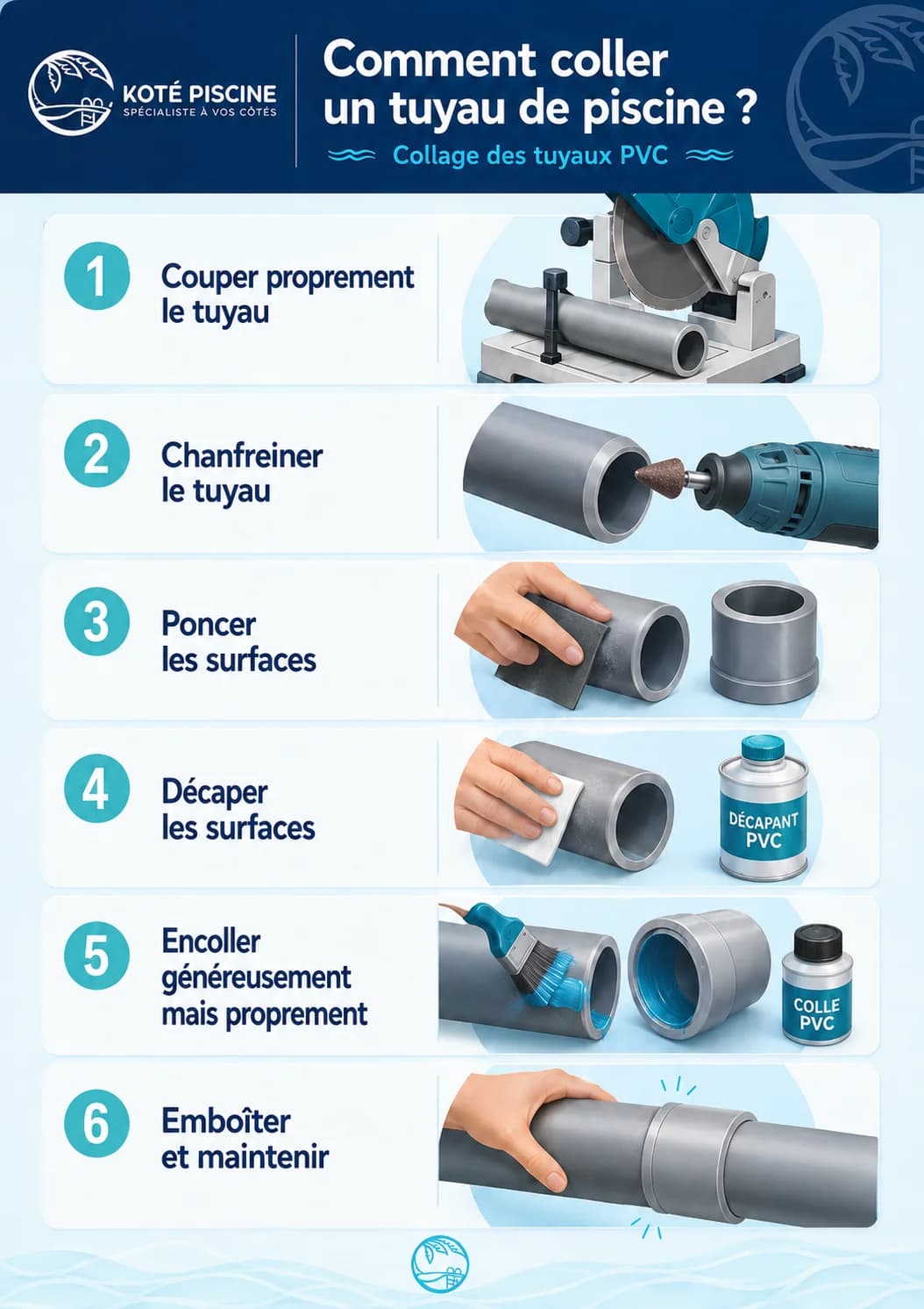 Guide illustré en six étapes pour coller un tuyau de piscine en PVC.